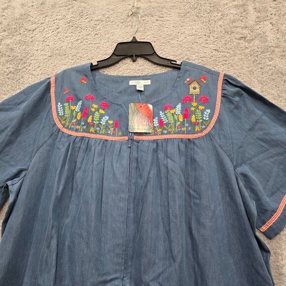Go Softly Patio Woman Denim House Dress Coat Lounge NEW NWT Size 3X Bird Houses - Picture 6 of 13